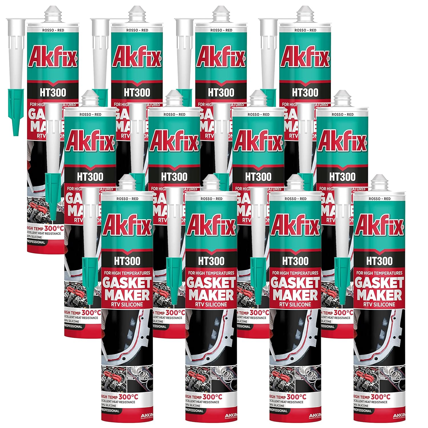 Akfix HT300 High Temp Silicone Gasket Maker RTV Silicone - 10.1 fl oz - RED