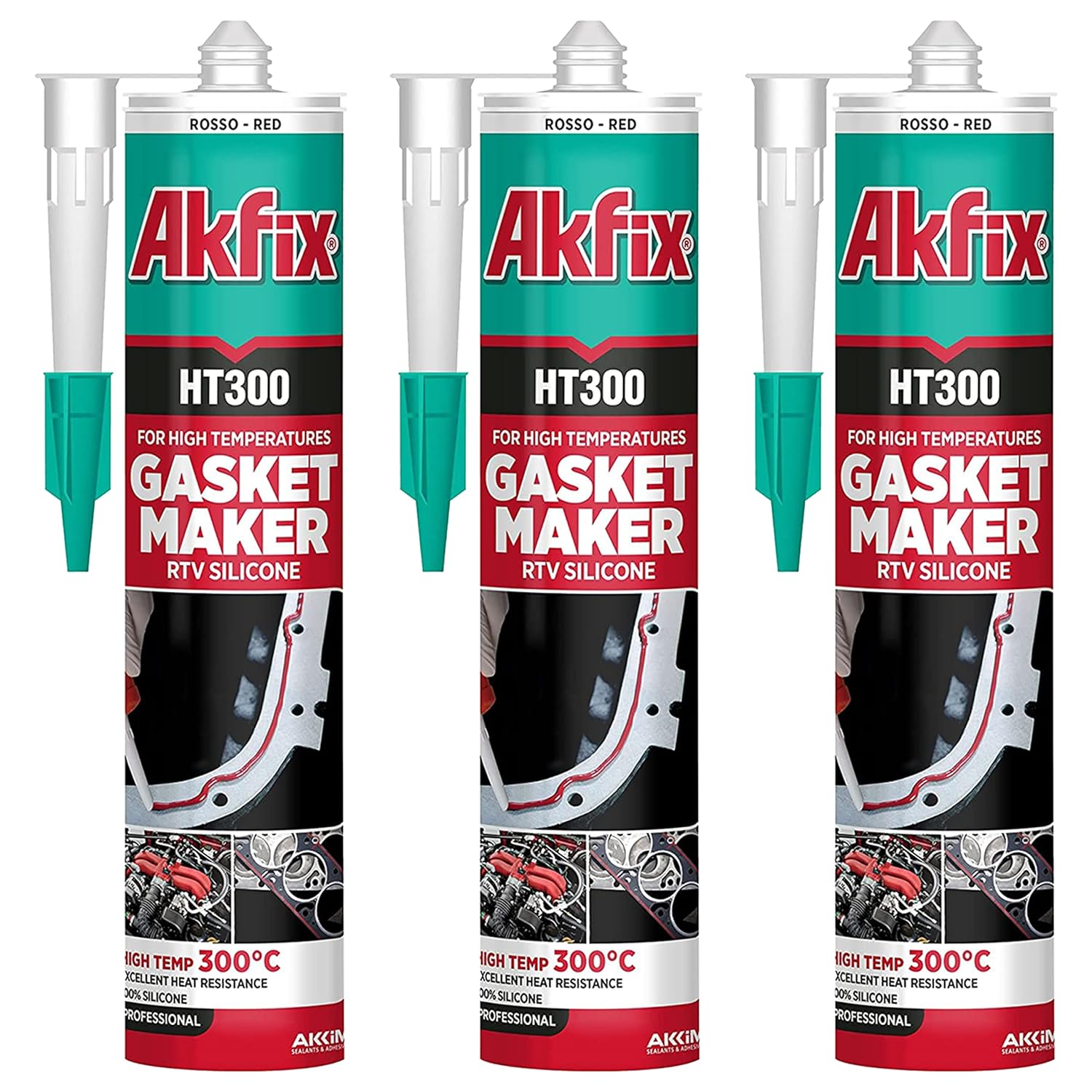 Akfix HT300 High Temp Silicone Gasket Maker RTV Silicone - 10.1 fl oz - RED