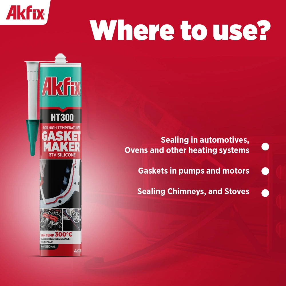 Akfix HT300 High Temp Silicone Gasket Maker RTV Silicone - 10.1 fl oz - RED